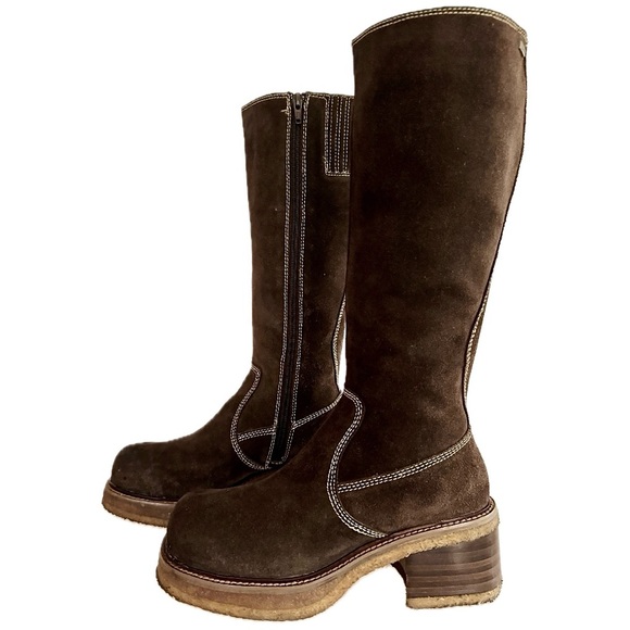 SOLD FRYE Vintage Rebel Zip Platform Chunky Square Toe Tall Brown Leather Boots - Picture 2 of 6